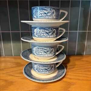 Vintage Currier & Ives Blue and White Teacups with Saucers Set of 4 Royal China
